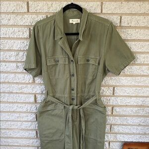 Madewell Olive Green Short-Sleeve Utility Jumpsuit with Tie Waist